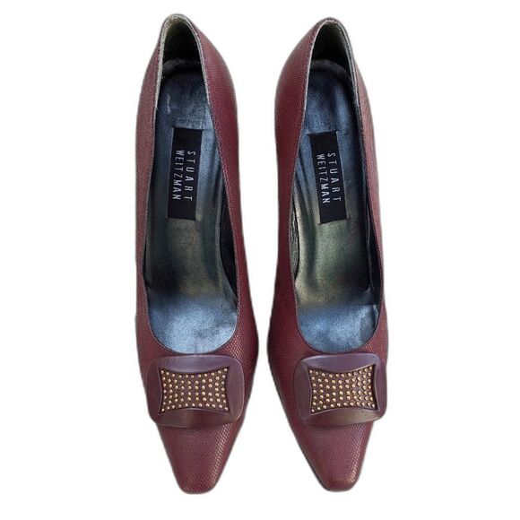 VINTAGE 90s STUART WEITZMAN Burgundy Pumps / Heels w/Gold Studs & Buckle… - Picture 1 of 11